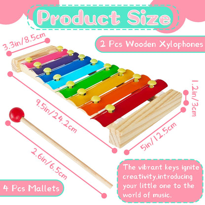 2 Pcs Wooden Xylophone for Kids,Xylophone Educational Musical Toy with 2 Child Mallets 8 Diatonic