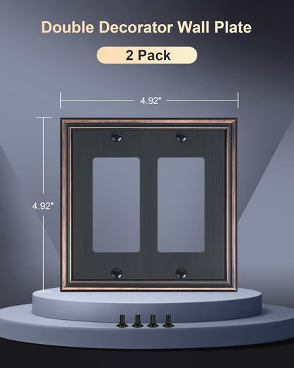 2-Pack Decorative Double Decorator Outlet Cover Plate, Durable Zinc Alloy Aged Bronze Wall Plates
