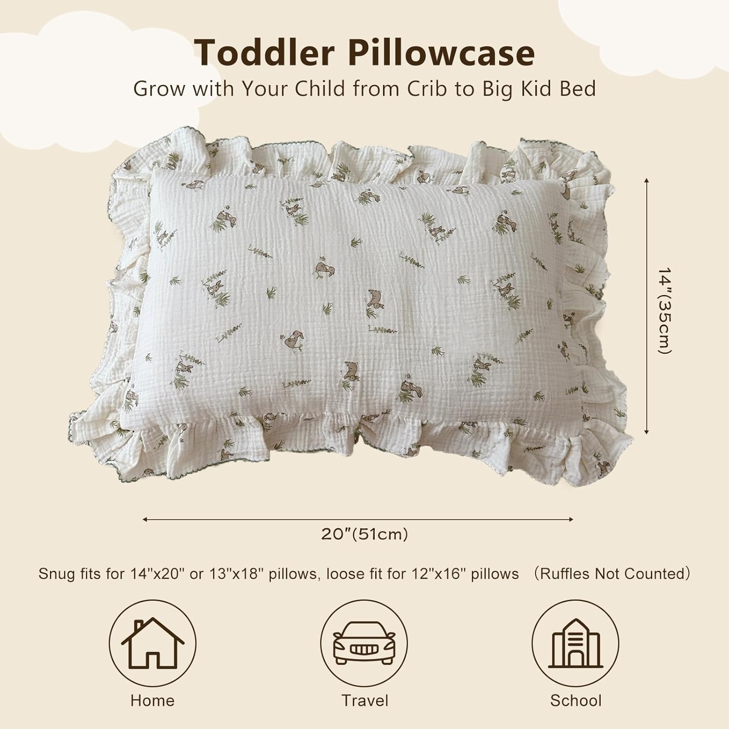 BuLuTu Muslin Toddler Pillowcase for Crib Cot Cradle, Soft Thin Kids Pillow Cover for Girls Boys