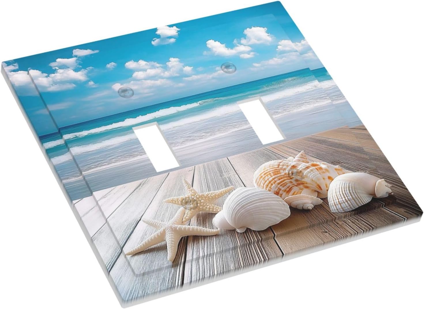Decorative Switch Plates Beach Waves Brown Wood Starfish Shells 2 Gang Double Toggle Outlet Light
