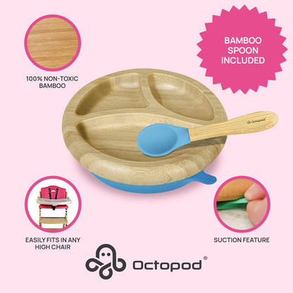 Abiie Octopod Bamboo Dish - Kids Plates for 4 months and up, 3-Compartment Baby Plates with