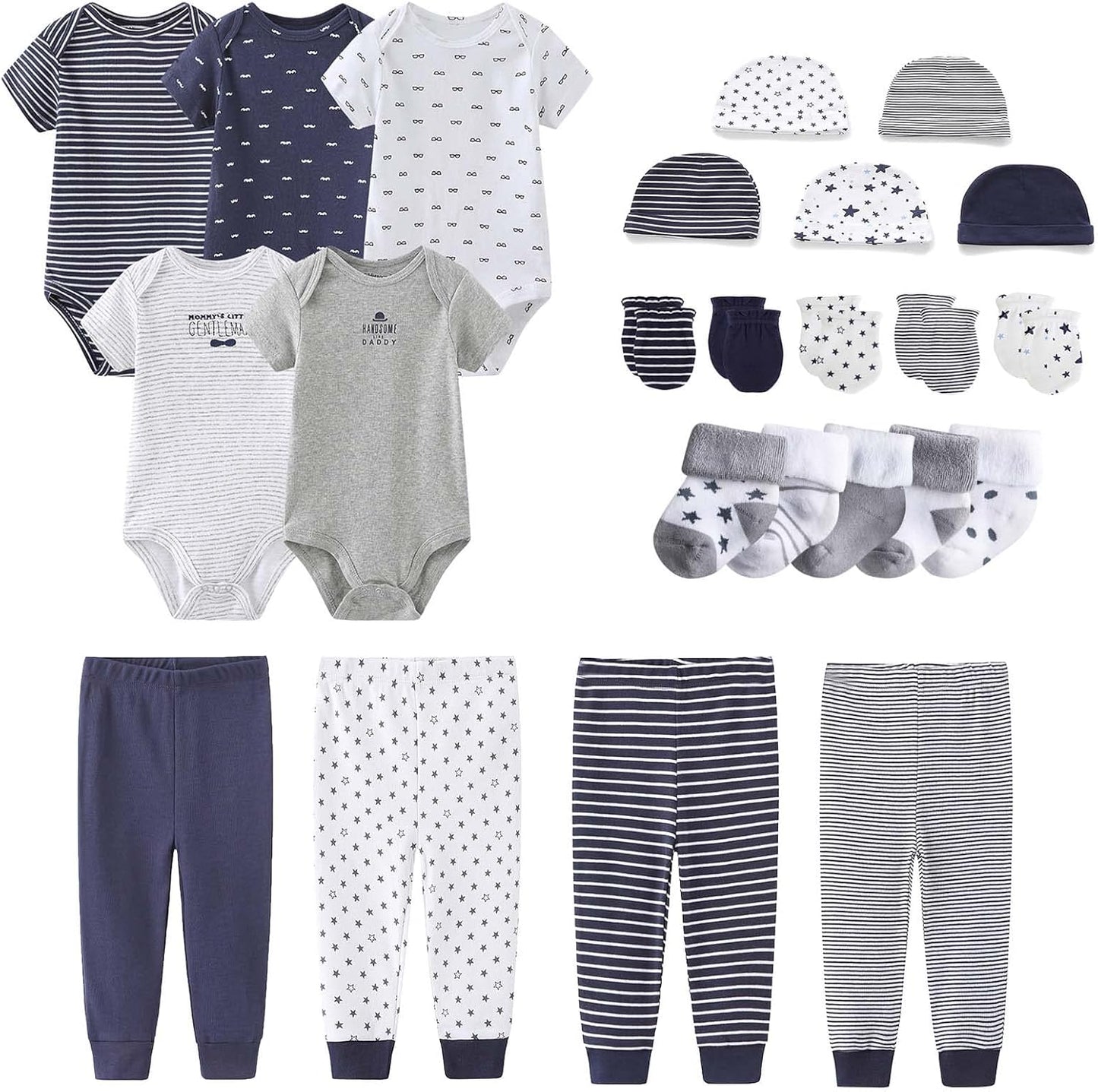 Newborn Layette Gift Set Bodysuits Pants for Baby Girl and Boy 24 Piece 100% Cotton Essentials and