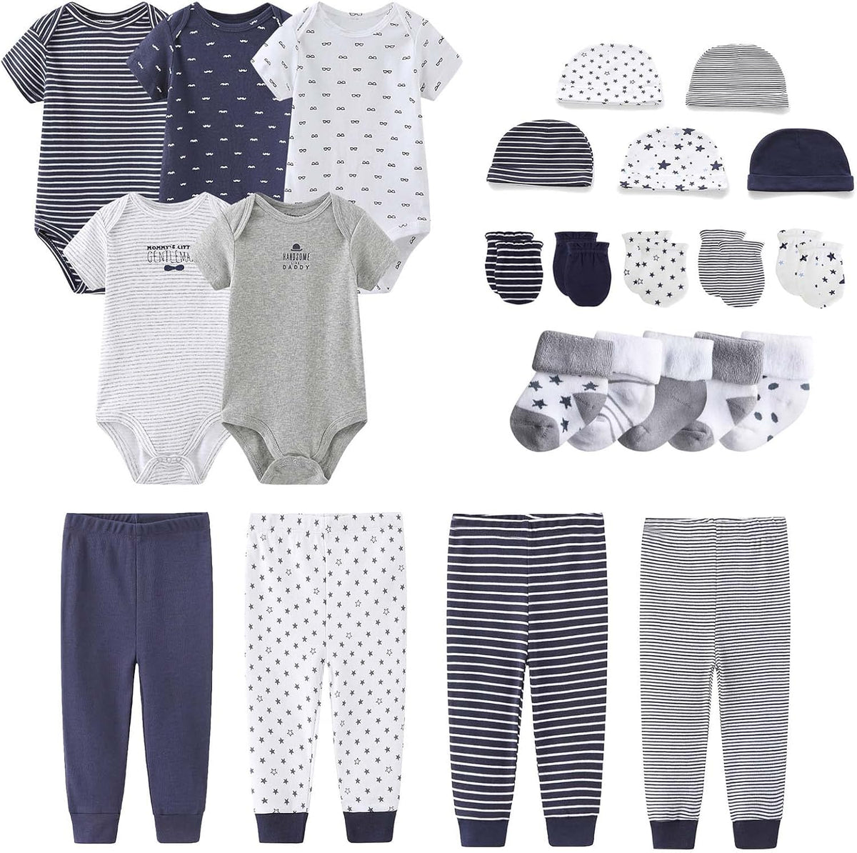 Newborn Layette Gift Set Bodysuits Pants for Baby Girl and Boy 24 Piece 100% Cotton Essentials and
