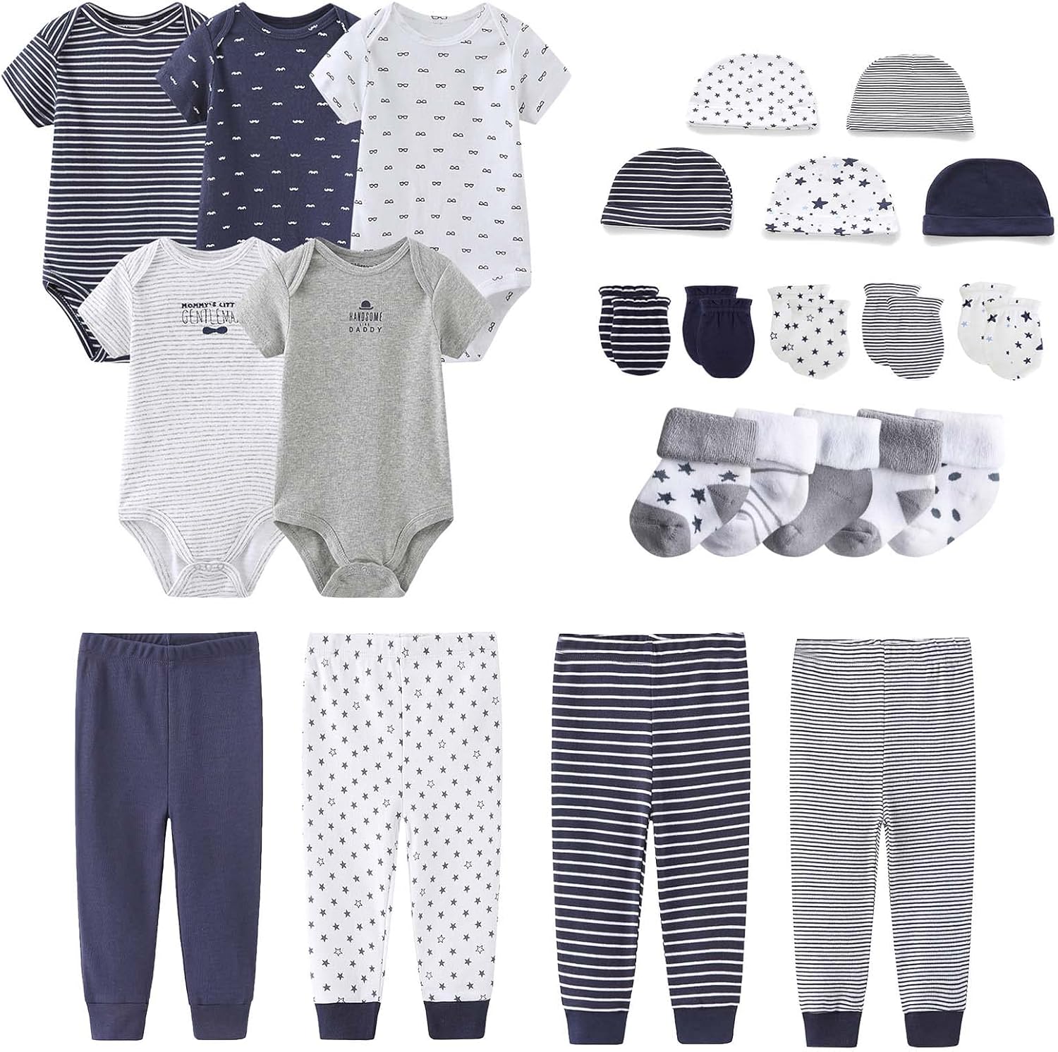 Newborn Layette Gift Set Bodysuits Pants for Baby Girl and Boy 24 Piece 100% Cotton Essentials and