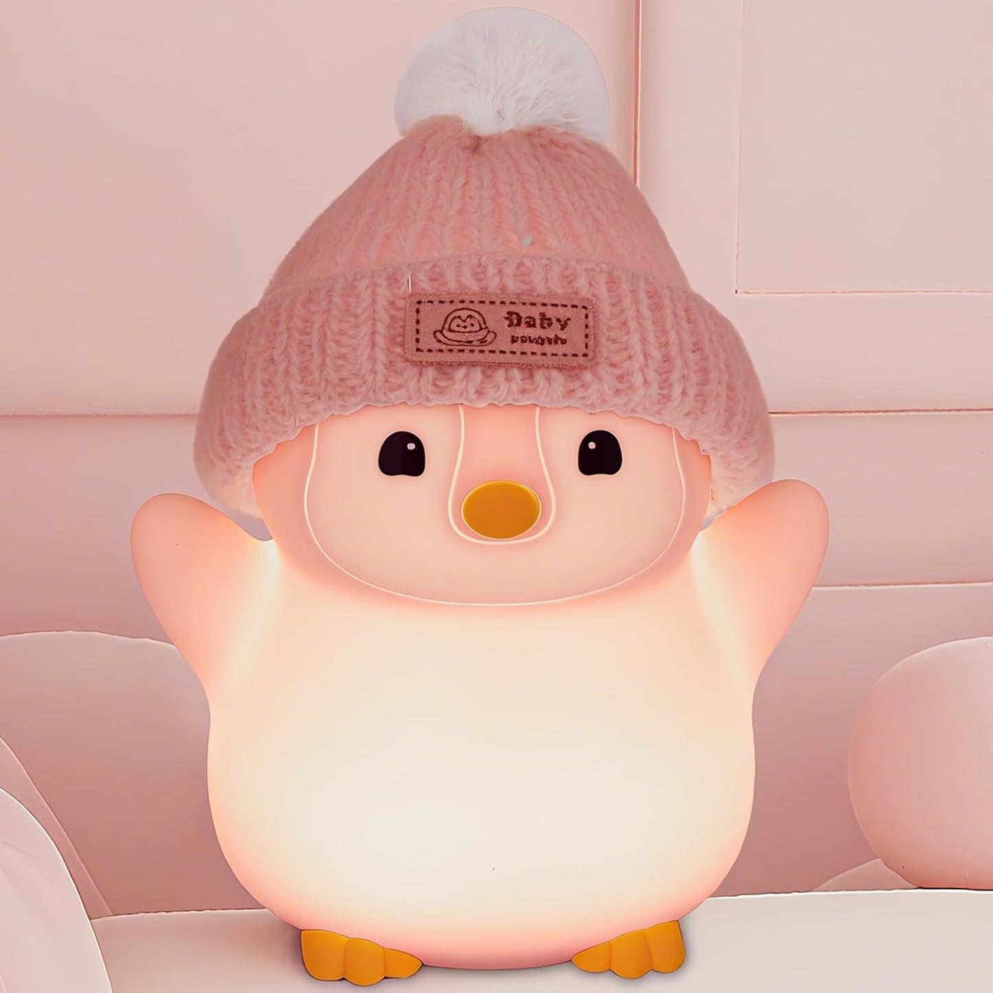 Penguin Night Light, Cute Pink Penguin Lamp with Knit Hat, Soft Silicone Nursery Nightlight for