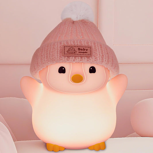 Penguin Night Light, Cute Pink Penguin Lamp with Knit Hat, Soft Silicone Nursery Nightlight for