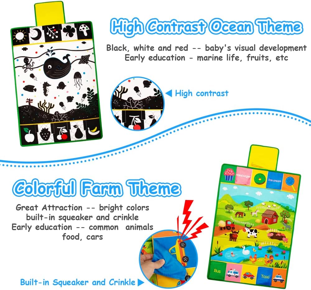Tummy Time Mirror & Play Mat & Pillow 3-in-1, High Contrast Black and White Baby Toys, Activity Mat