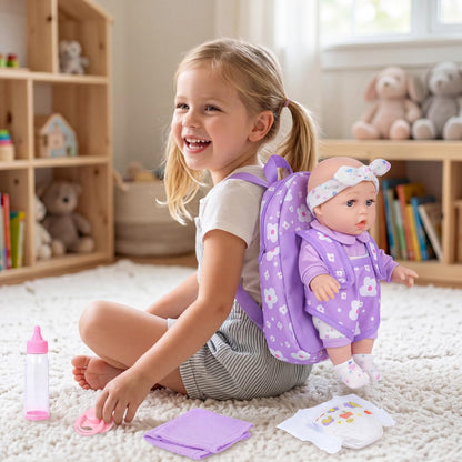 12" Baby Doll with Flower Pattern Backpack Carrier and Accessories Toys