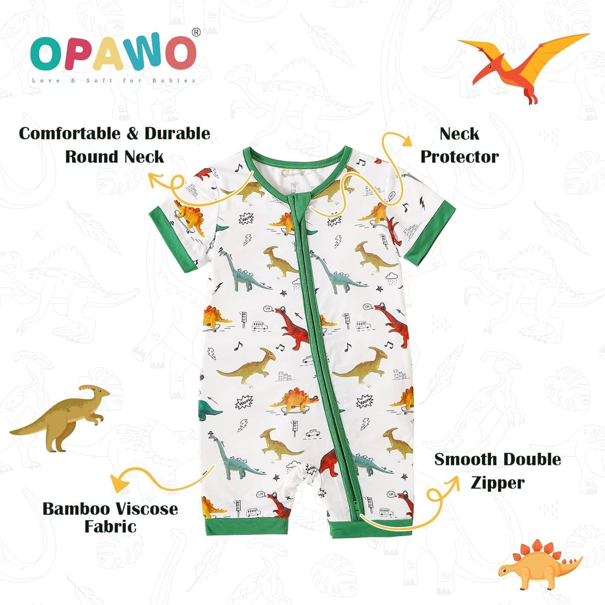 OPAWO Bamboo Baby Pajamas 3 Pack, Double Zipper Bamboo Sleepers for Baby Boy Girl Romper, Toddler