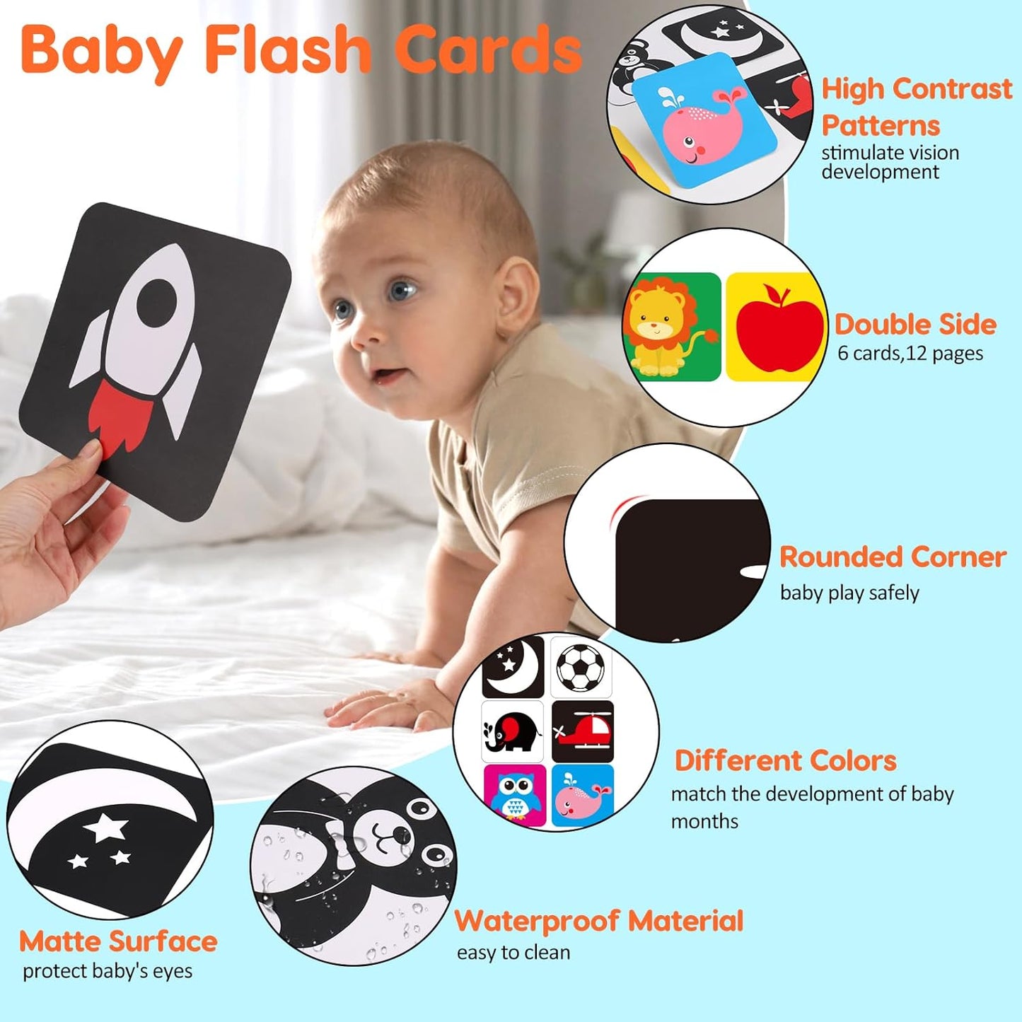 Black and White High Contrast Baby Books Flash Cards Tummy Time Mirror Toys Newborn Toys 0 6 Months