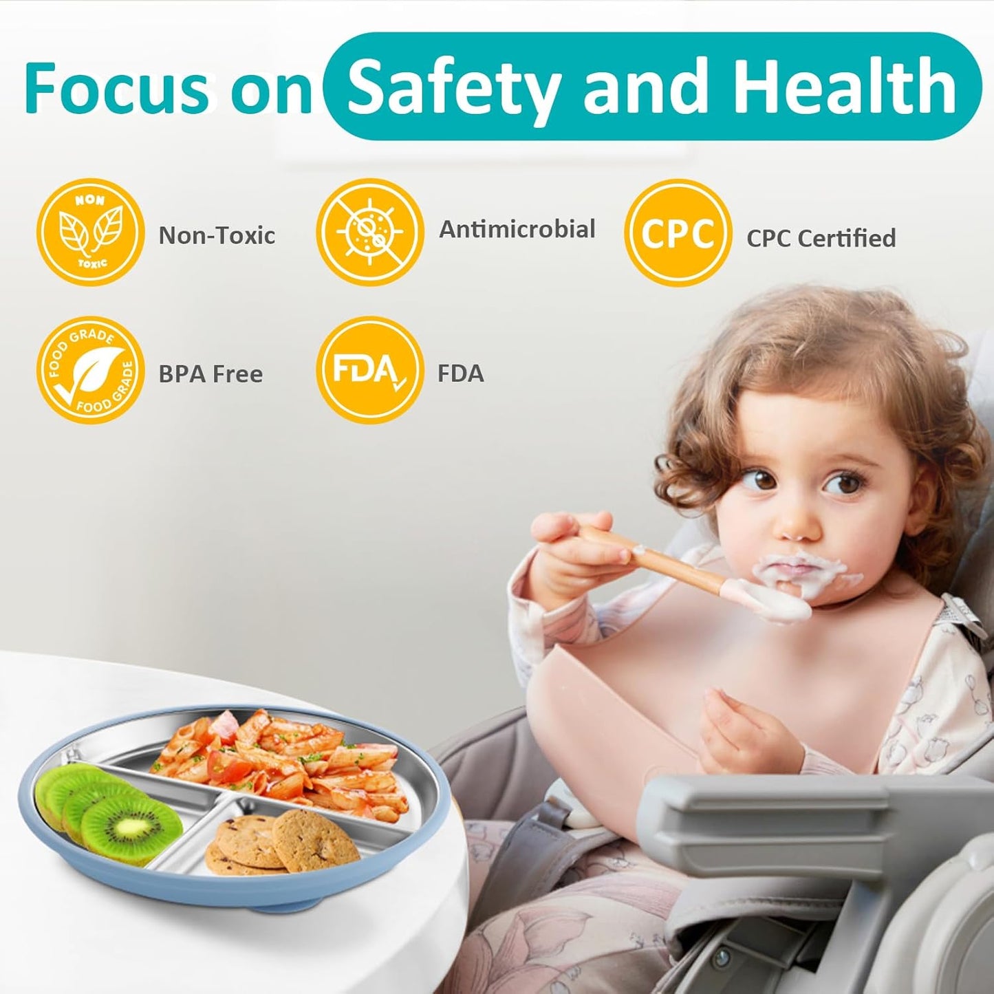 Stainless Steel Suction Plates for Toddlers, 9" Divided Kids Baby Plates with Removable Silicone
