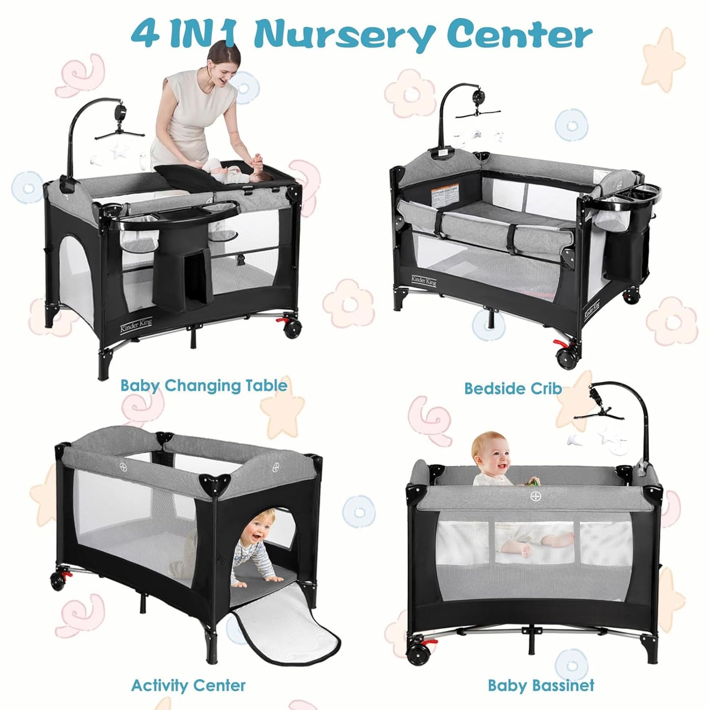 Kinder King 4 in 1 Portable Nursery Center, Foldable Baby Bedside Crib w/Bassinet, Infant Pack n