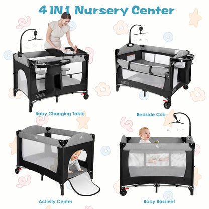 Kinder King 4 in 1 Portable Nursery Center, Foldable Baby Bedside Crib w/Bassinet, Infant Pack n