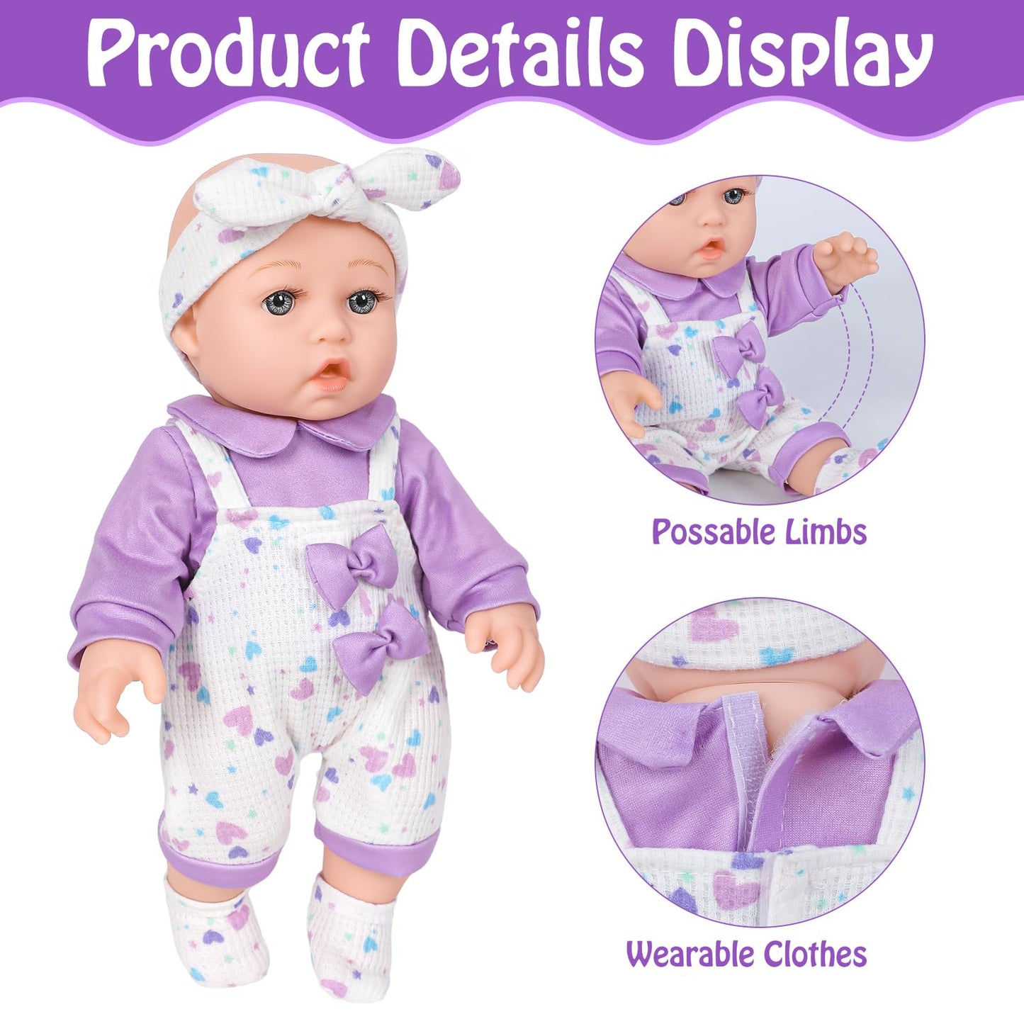 12" Baby Doll with Flower Pattern Backpack Carrier and Accessories Toys