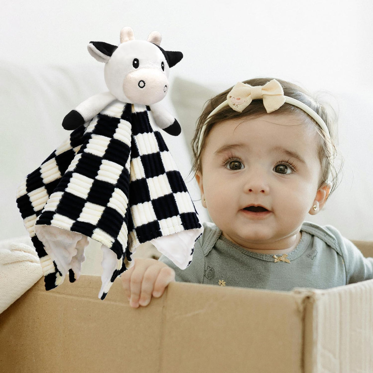 Cow High Contrast Baby Security Blanket for Babies, Soft 3D Checkerboard Lovey with Minky Dot