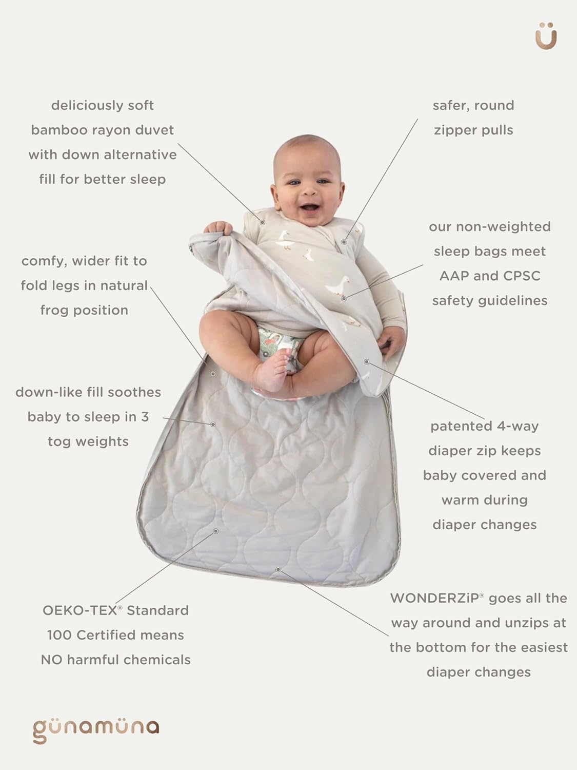 GUNAMUNA Unisex Long-Sleeve Sleep Sack, Wearable Sleep Bag for Babies and Toddlers, Soft Rayon, 1.0