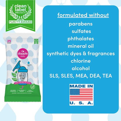 Dapple Baby Breast Pump Wipes, Powered by Plants, Hypoallergenic, Removes Milk Residue, No Rinse