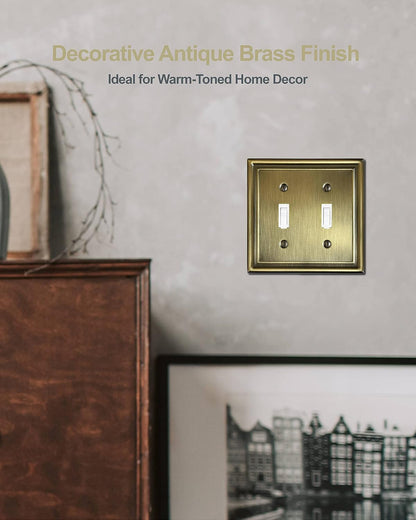 2-Pack Double Toggle Wall Plate, Metal Light Switch Cover, Decorative Antique Brass Switch Plate