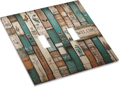 Decorative Switch Plates Vintage Wood Brown Turquoise Splicing 2 Gang Double Toggle Outlet Light