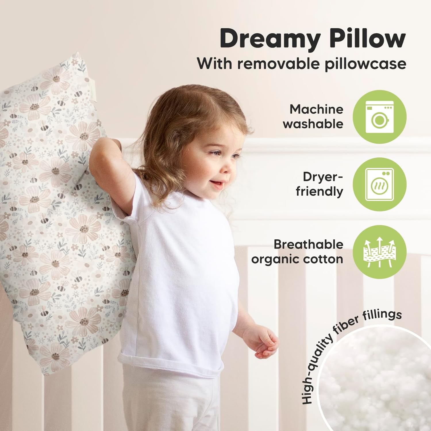 KeaBabies Toddler Pillow with Pillowcase, Jumbo 14X20 - Soft Organic Cotton Toddler Pillows for