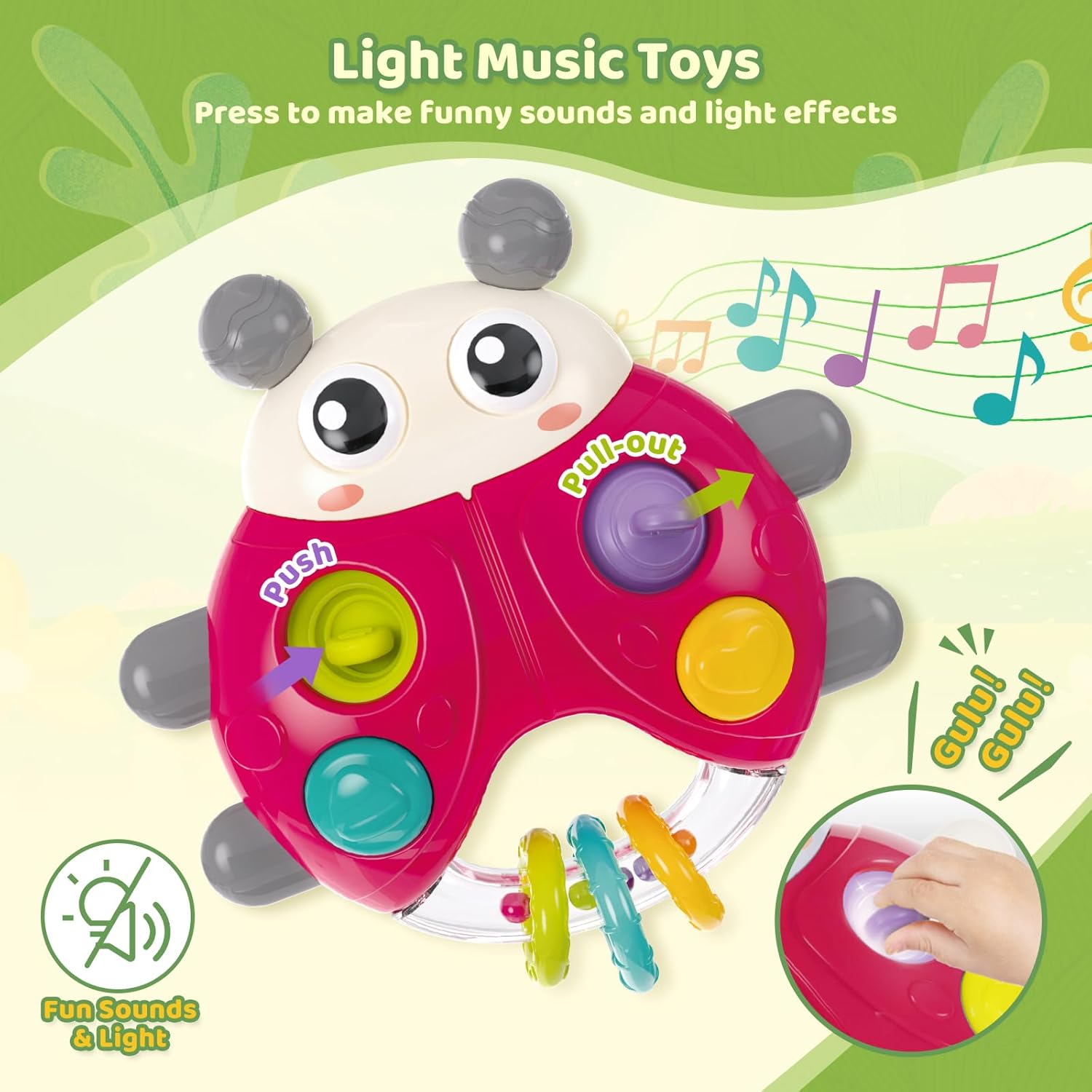 Ladybug Baby Light Up Toys with Rattle Led Light Music, Interactive Educational Fine Motor