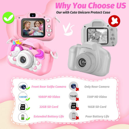 Upgrade Unicorn Kids Camera, Christmas Birthday Gifts for Girls Boys Age 3-12, 1080P HD Selfie