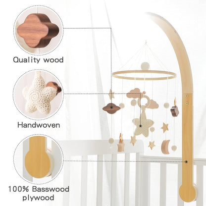 Baby Crib Mobile with Arm Boho Star Moon Nursery Mobile Set Wooden Baby Mobile Holder for Hanging