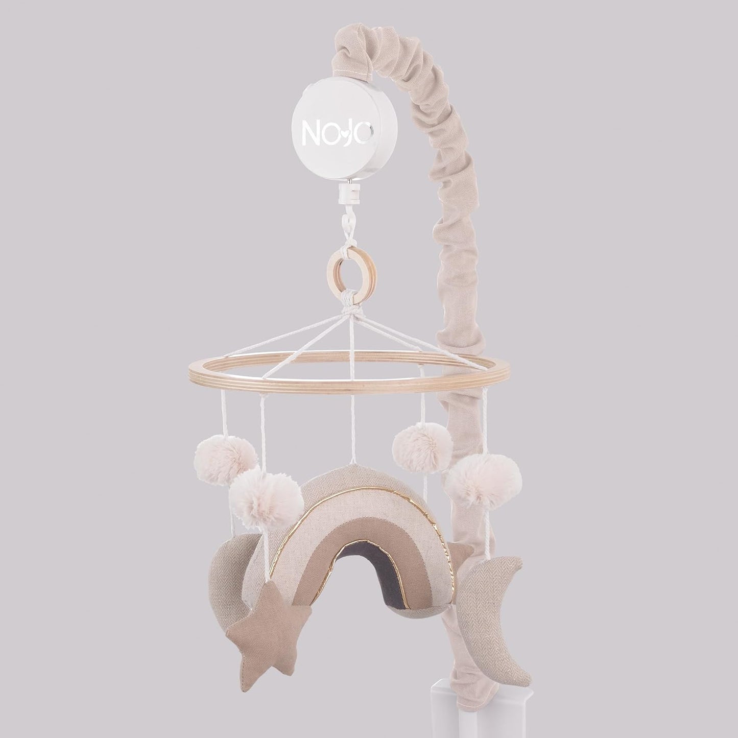 NoJo Rainbow Moon and Stars Pom Pom Ivory, Taupe, and Natural Wood Tones Plush Nursery Musical
