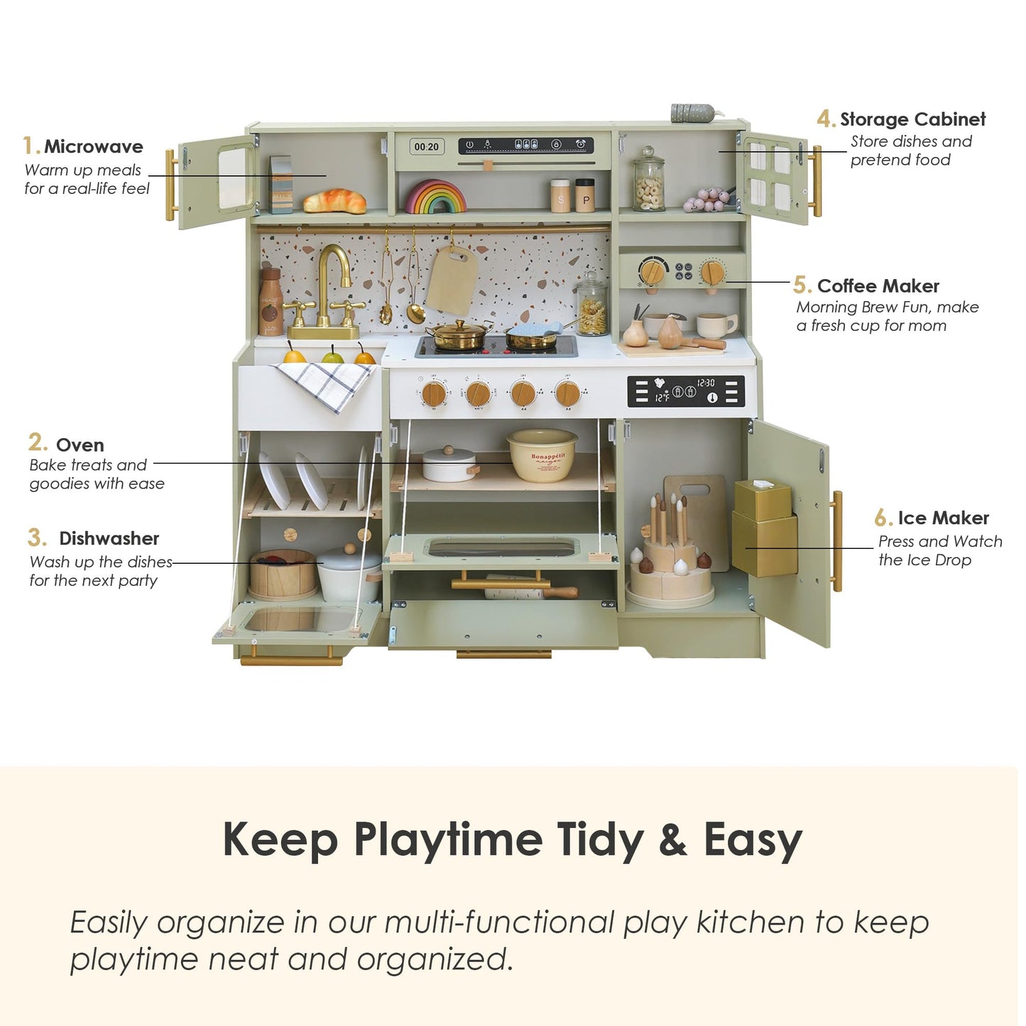 Wooden Play Kitchen with 15 Fun Accessories and Realistic Appliances Green