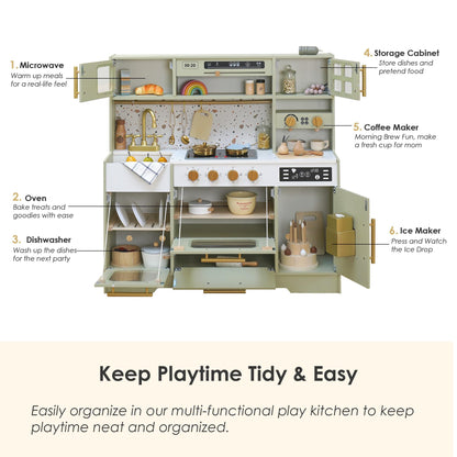 Wooden Play Kitchen with 15 Fun Accessories and Realistic Appliances Green