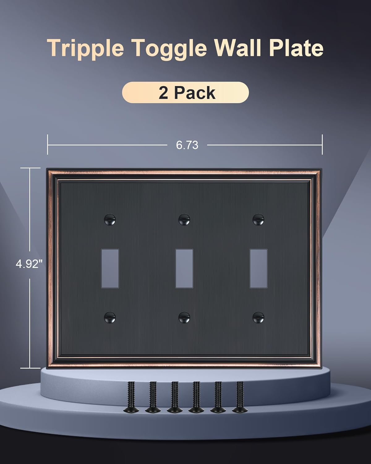 2-Pack Triple Toggle Light Switch Cover Plate, Durable Solid Zinc Alloy Decorative Switch Plate