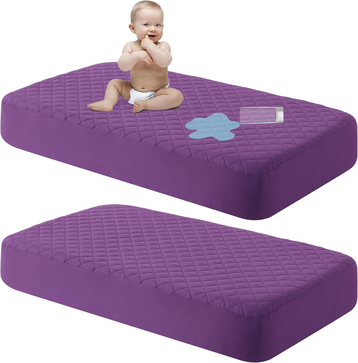 NTBAY 2 Pack Waterproof Mini Crib Mattress Protector, Quilted 24"x38" Fitted Mattress Cover