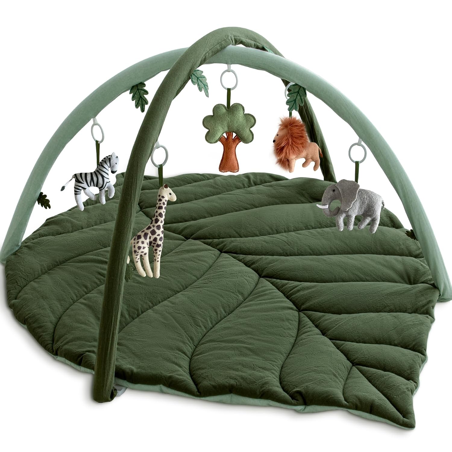 Baby Play Gym with Mat Leaf Shaped, Baby Play Mat with 6 Hanging Toys Tummy Time Mat, Baby Gym