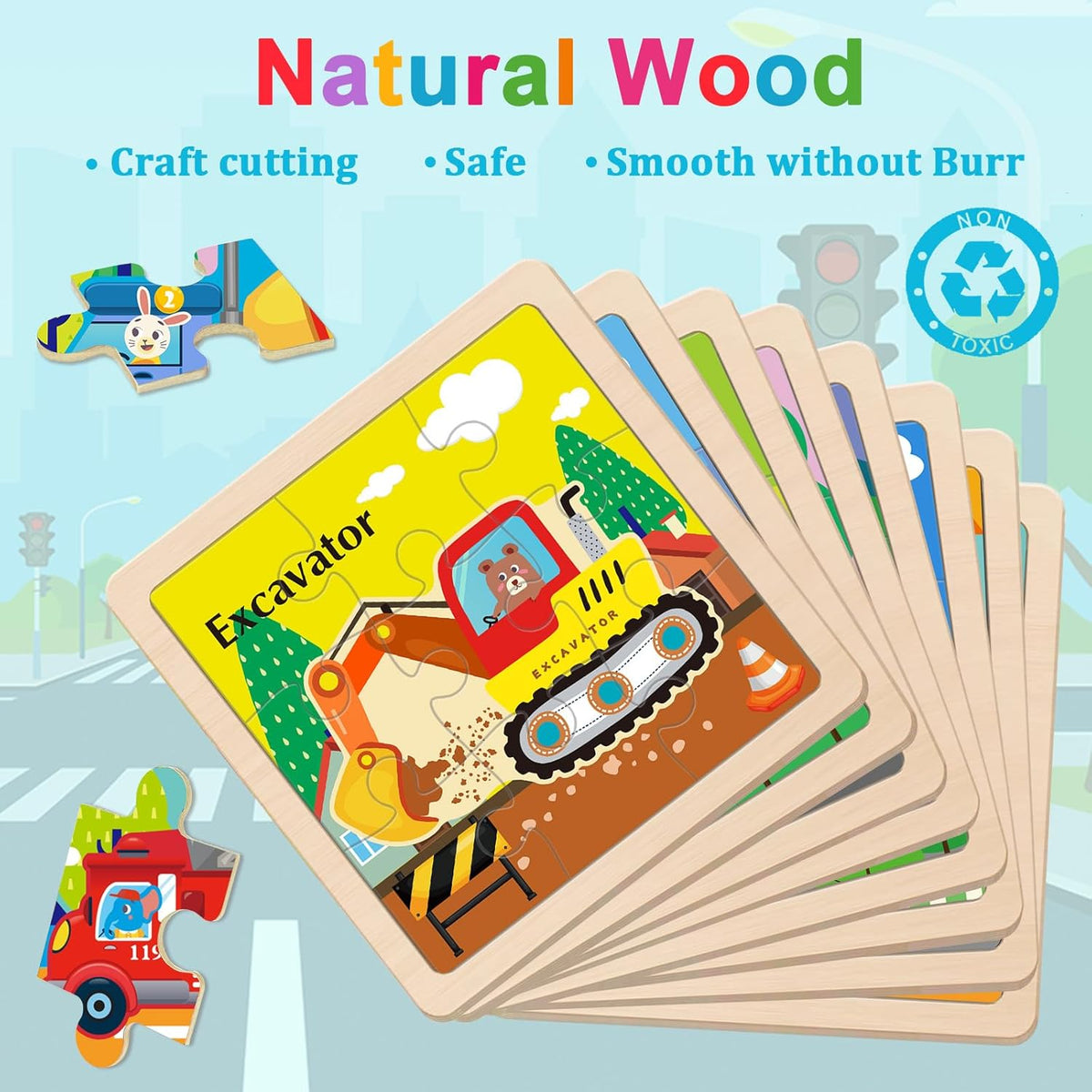 Wooden Puzzles for Toddlers 2-4, 9 Pieces Vehicle Jigsaw Puzzles for Kids Ages 3-5, Toddler Toys