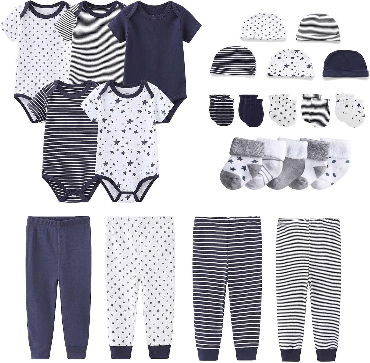 Newborn Layette Gift Set Bodysuits Pants for Baby Girl and Boy 24 Piece 100% Cotton Essentials and