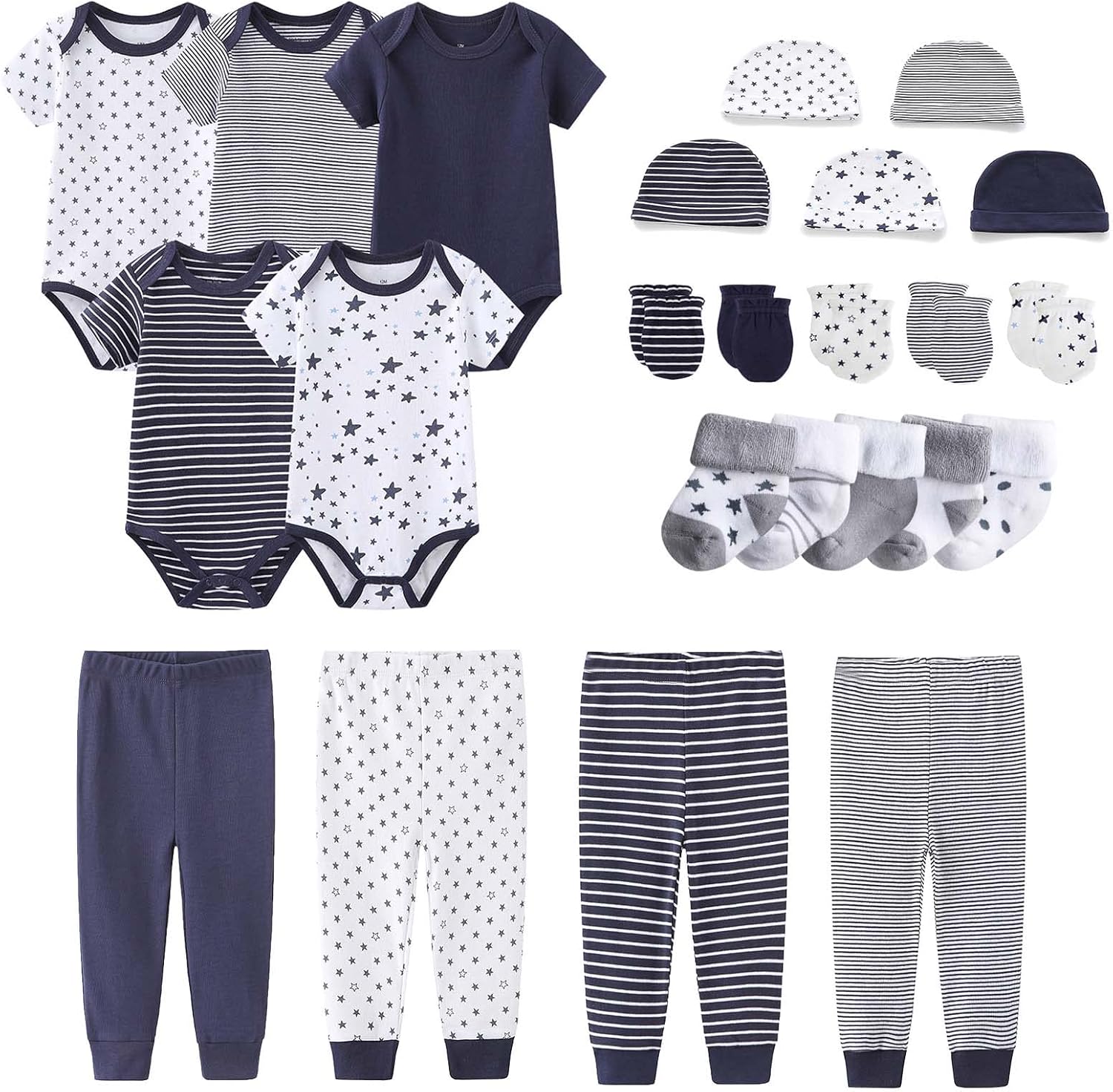 Newborn Layette Gift Set Bodysuits Pants for Baby Girl and Boy 24 Piece 100% Cotton Essentials and