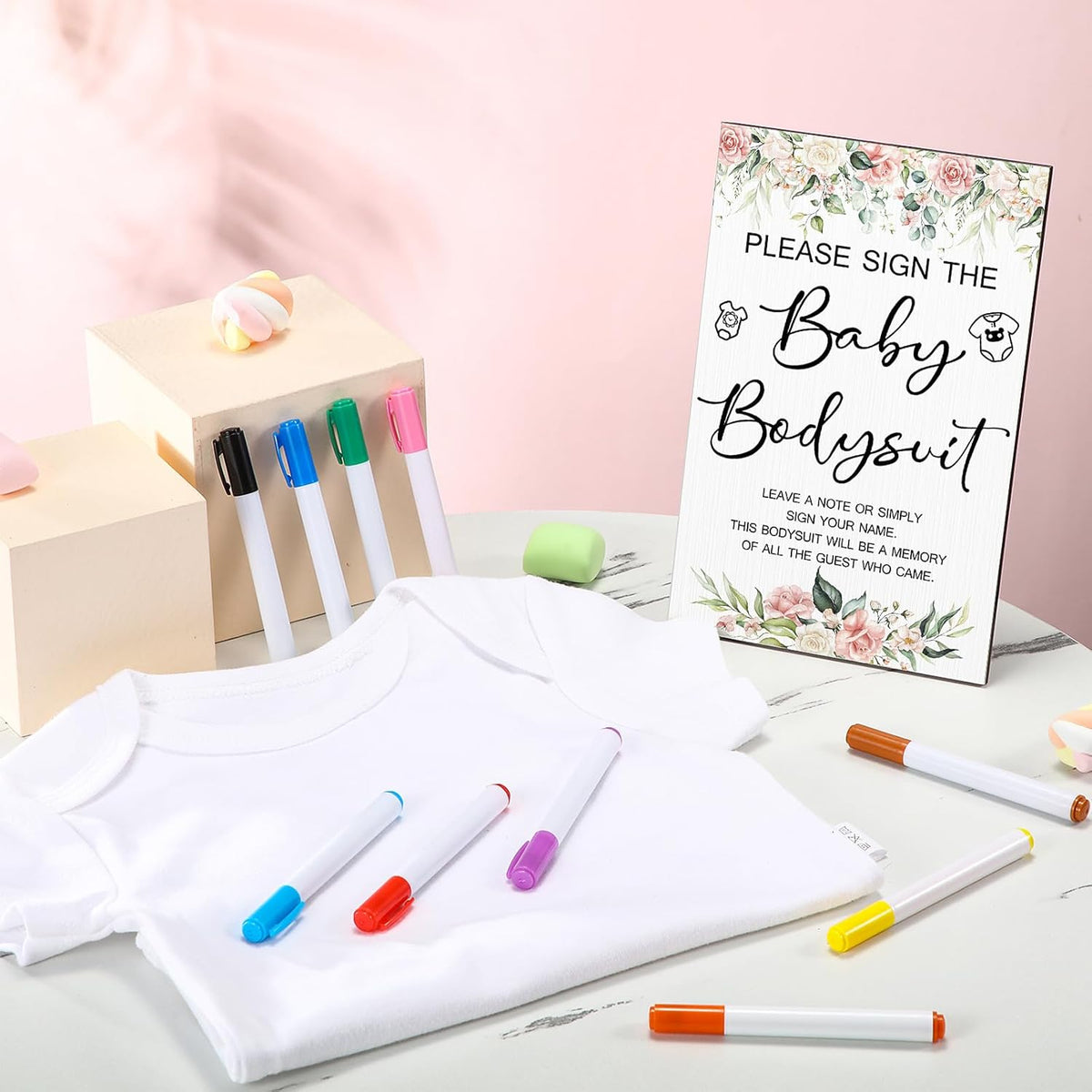 Qunclay 12 Pcs Baby Bodysuit Baby Shower Game Include 1 Game Wooden Sign Tabletop Decor 1 White