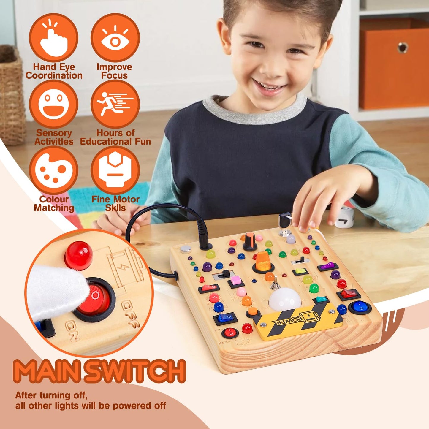 Busy Board with 19 LED Light Switches, Montessori Toys for 1 2 3 Years Old, Wooden Sensory Board