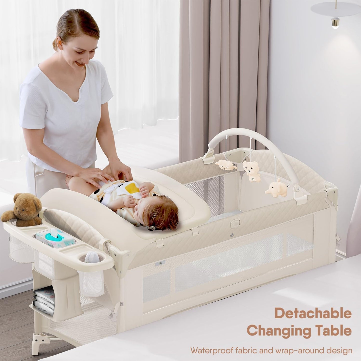 4 in 1 Baby Bassinet, Pack and Play, Bedside Crib Sleeper, Diaper Changer - Comes with Mattress