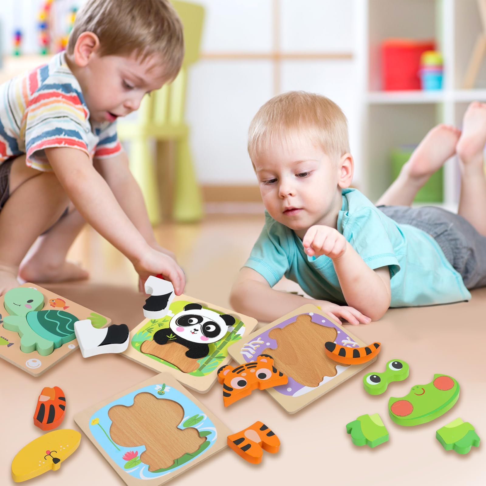 edutree Wooden Puzzles for 2-4, 6 Pack Animal Shape Puzzle Montessori Toys for 2 3 4 Year Old