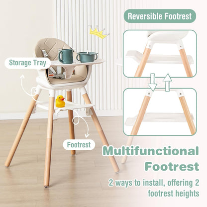 BABY JOY High Chair, 6 in 1 Convertible Wooden Highchair for Babies & Toddlers with Adjustable