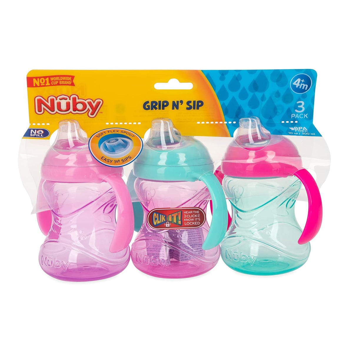 Nuby Clik-It Grip N' Sip Soft Spout No-Spill Training Sippy Cup with Handles - (3-Pack) 10 oz - 4+