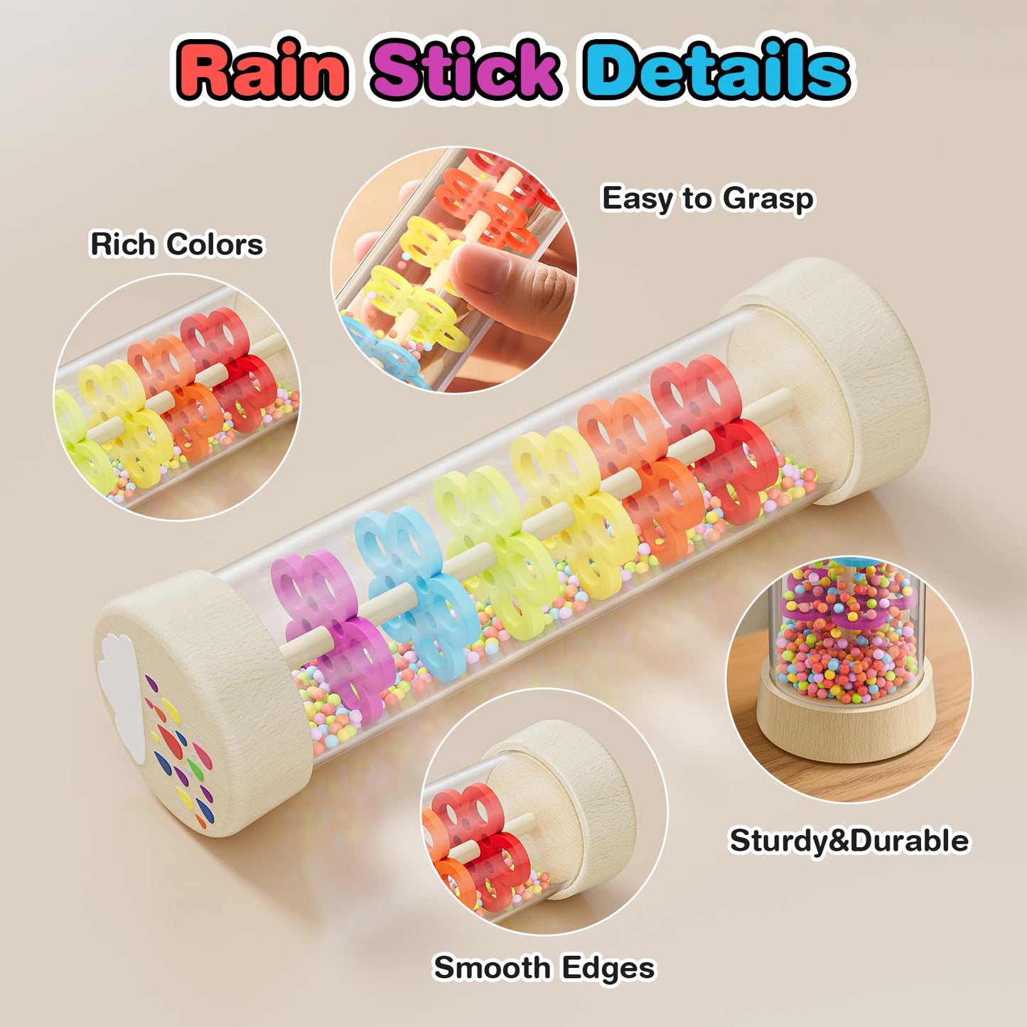 Rain Stick, Montessori Baby Toys for 6-12 Months 1 Year Old, Wooden Rainmaker Baby Rattle Sensory