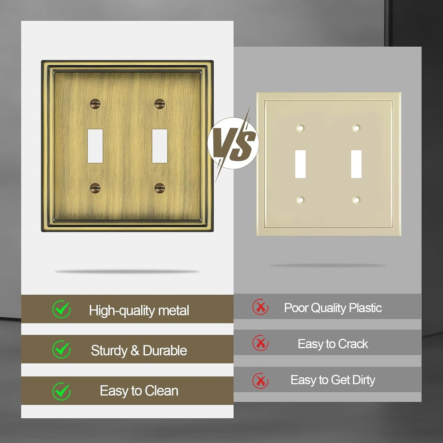 Double Toggle Light Switch Covers Plate, Metal Material 2 Gang Wall Plates for Double Light Switch
