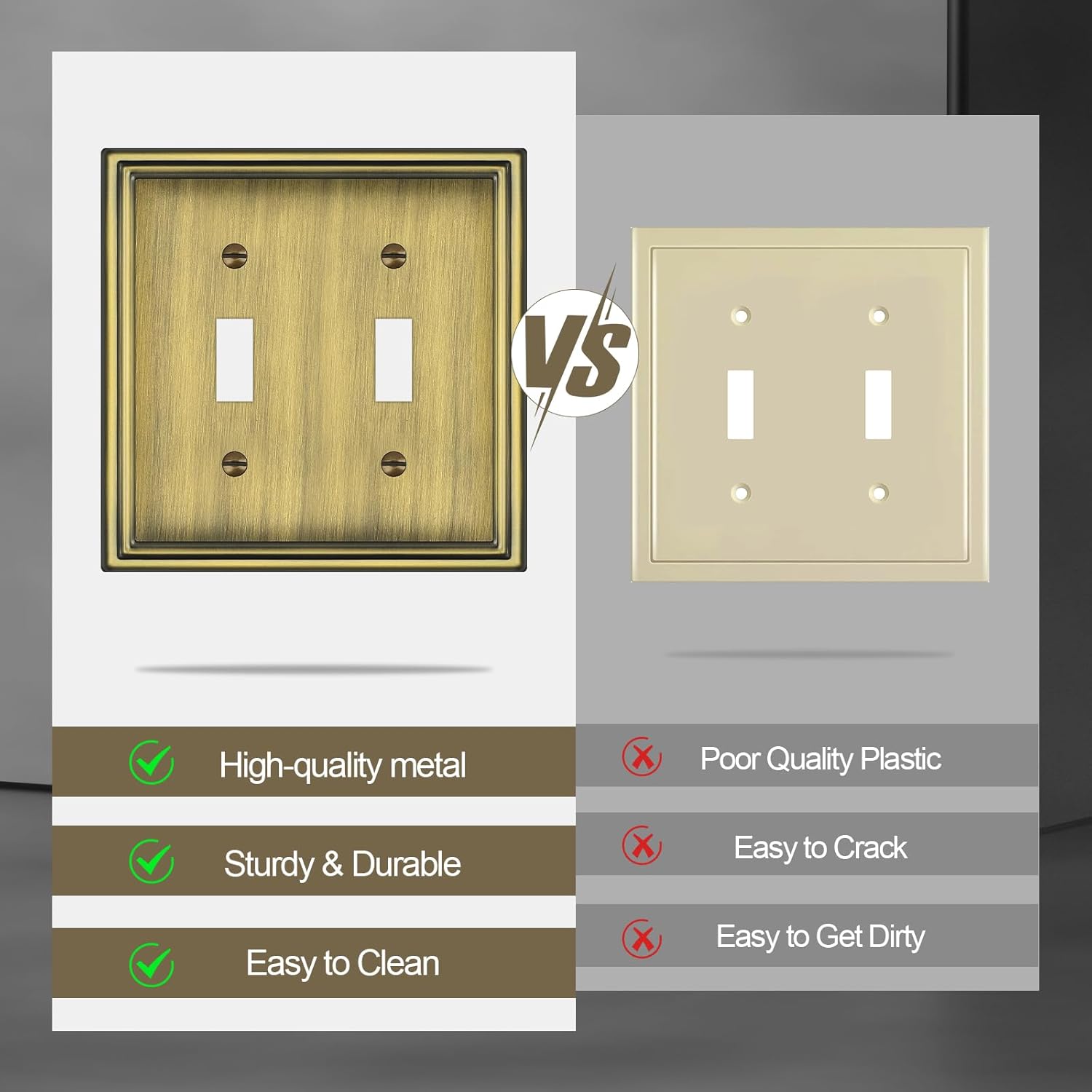 Double Toggle Light Switch Covers Plate, Metal Material 2 Gang Wall Plates for Double Light Switch