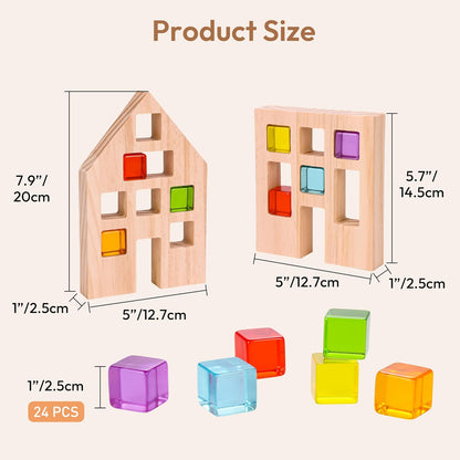 Wooden Building Blocks Set for Kids, 24 PCS Rainbow Gem Cubes Stacking Blocks - 2 Wood House