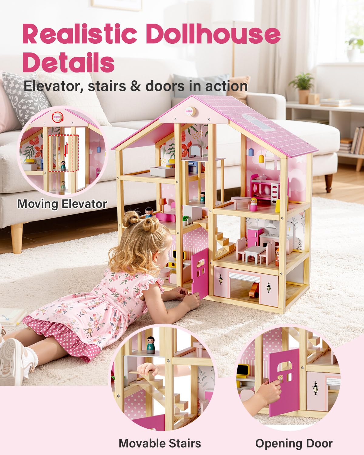 BIERUM Wooden Dollhouse for Girls, Doll House with 5 Rooms Play Toys, Pink