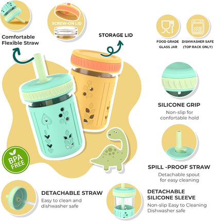 Tronco 8 oz Glass Sippy Cup for Toddlers, Kids Mason Jar Smoothie Cup with Silicone Sleeves & Spill