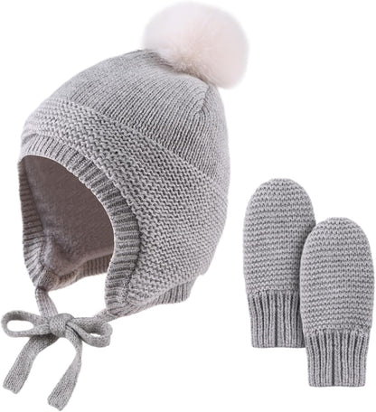 Basic Winter Baby Beanie Gloves Boys Girls Knitted Hat Pompom Kids Earflap Hats Warm Infant Toddler