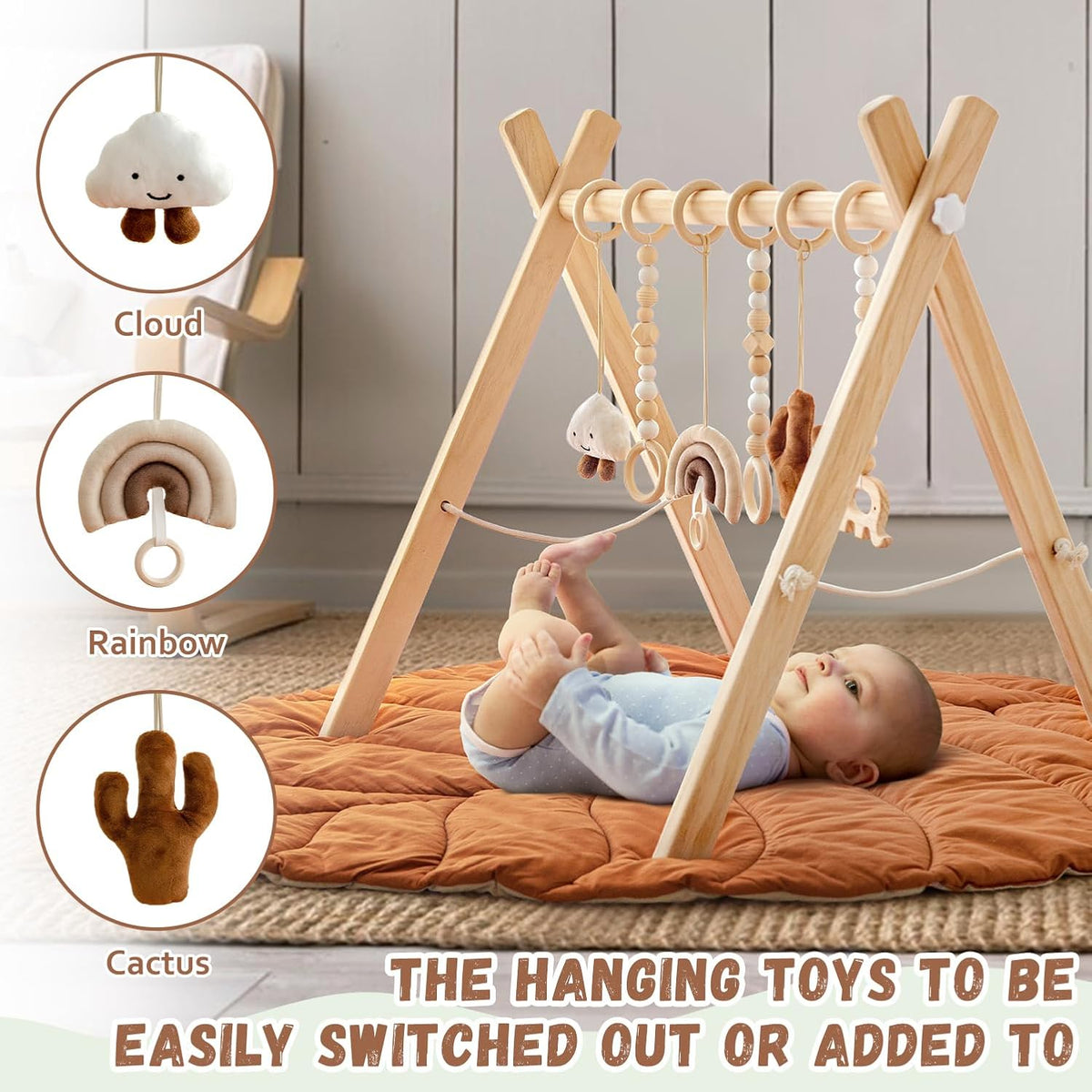 Razee Wooden Baby Play Gym Activity Mat, Leaf Shaped Play Mat Baby Gym with 6 Hanging Sensory Toys